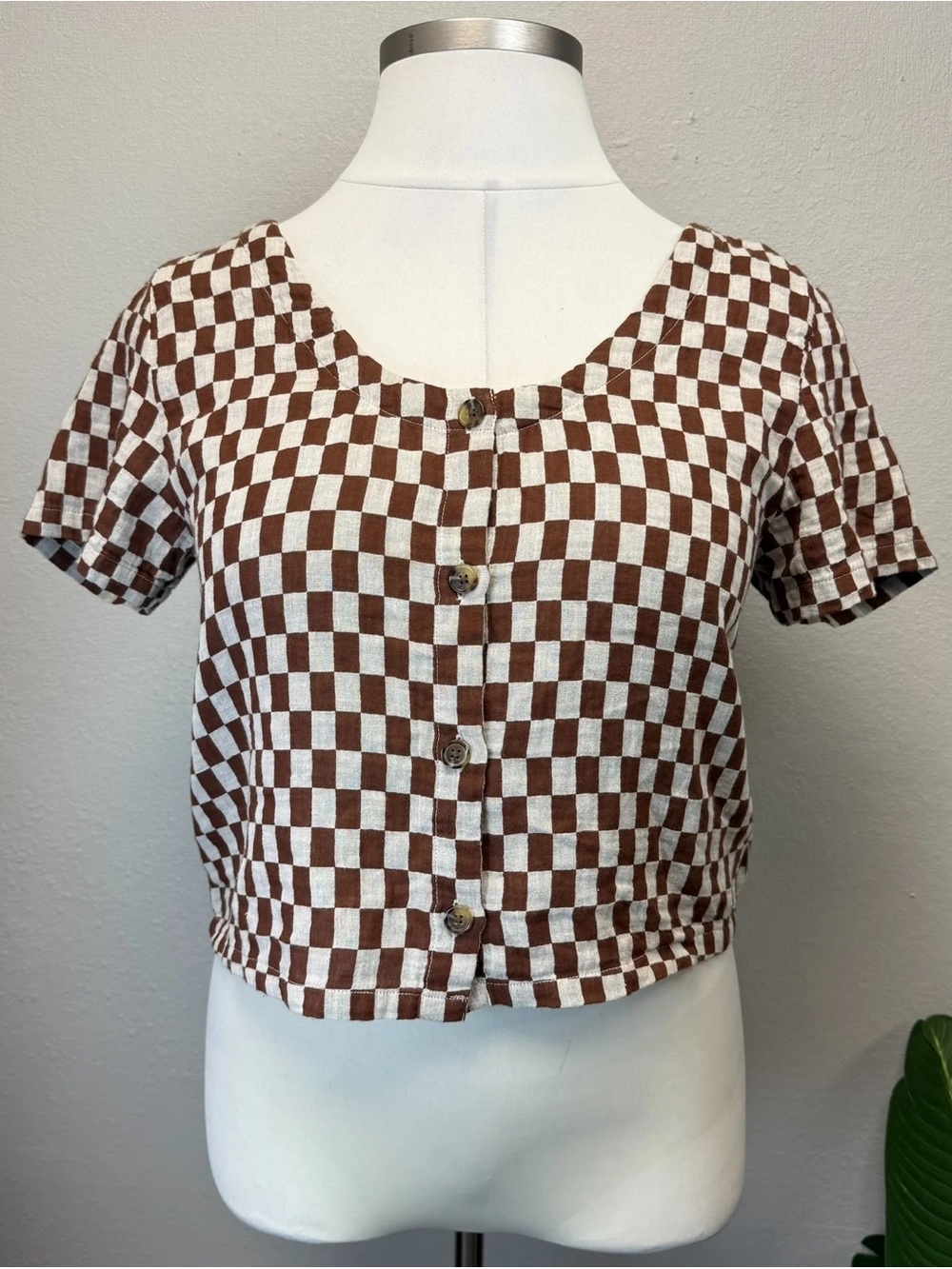 Brixton Brown Checkered Scoop Neck Crop Top - Size Large